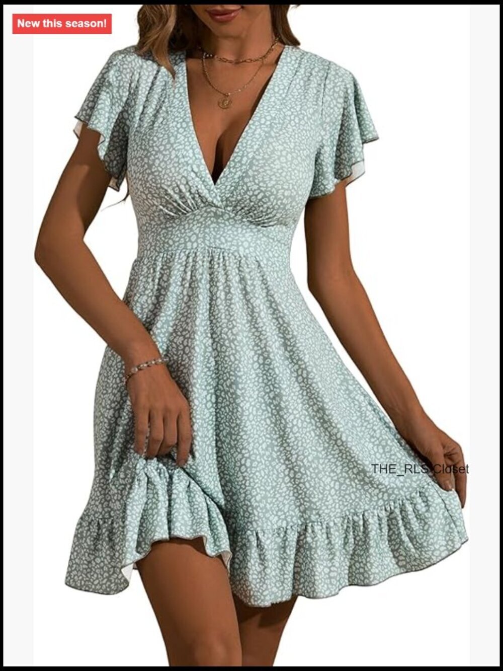 Polyester Spandex Wrap V-Neck Ruffle A-Line Sun Dress